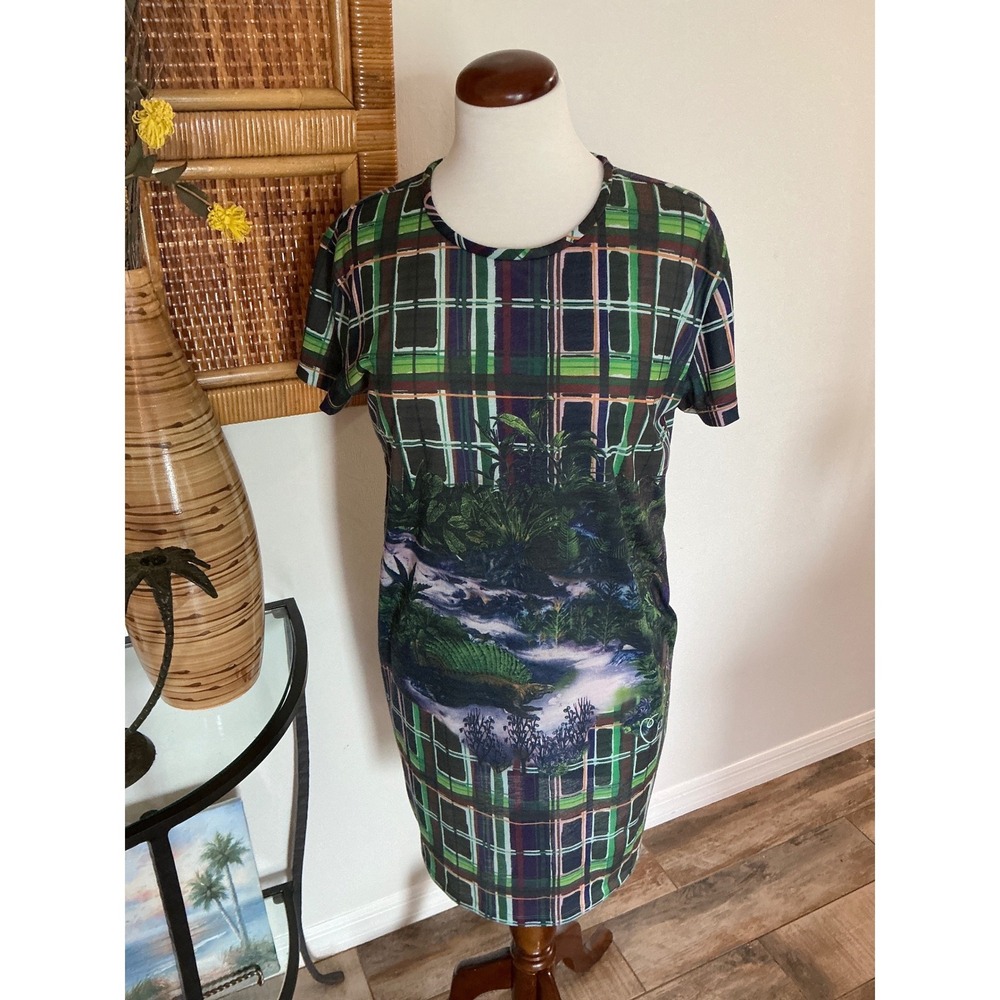 NWOT Carven Paris Reptile Jungle Plaid T-Shirt Dress Green Surrealist Print S